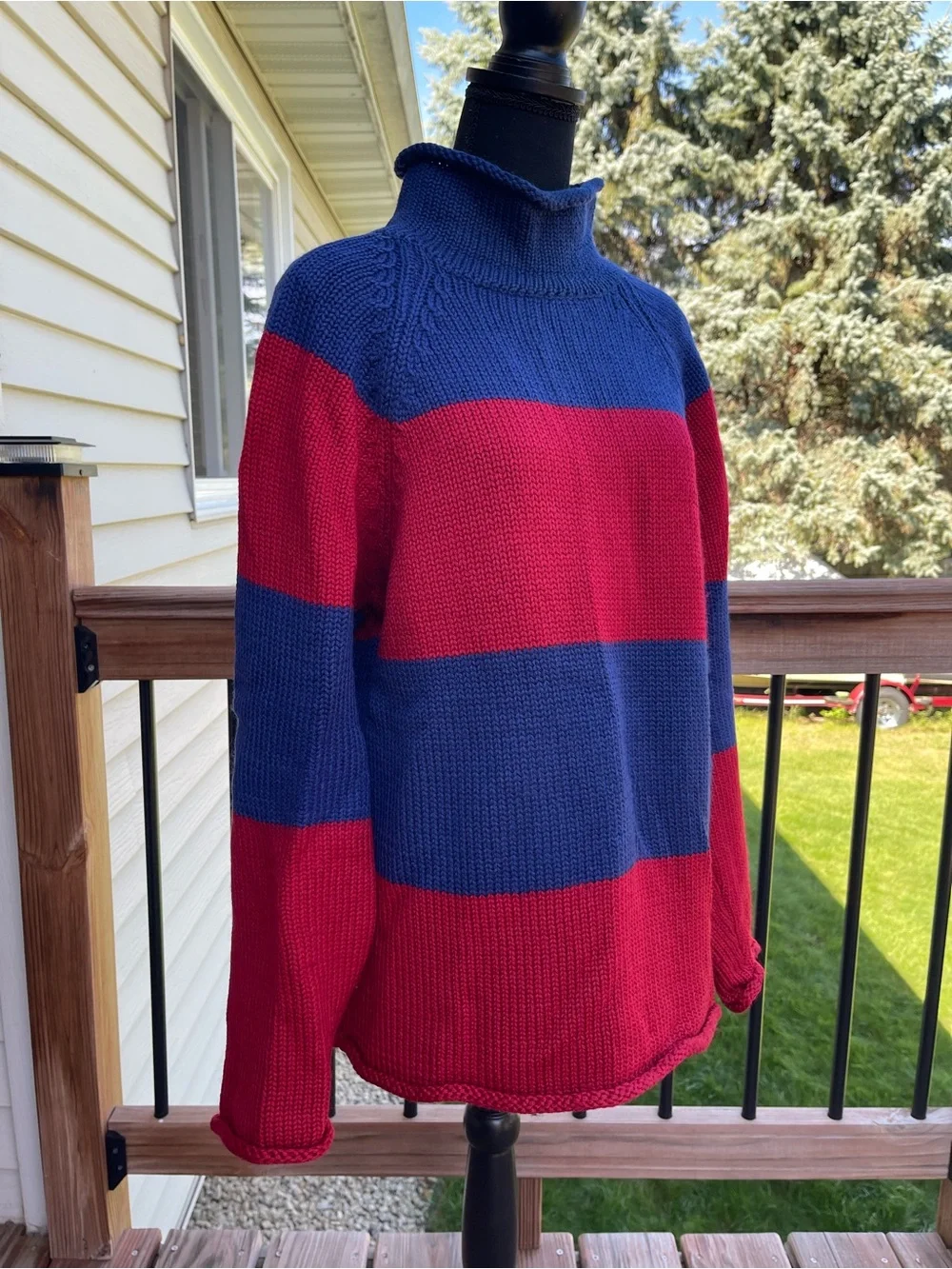 Vtg 90s J. Crew Red Blue Striped Roll Neck Sweater 100% Wool Lightweight Mens L